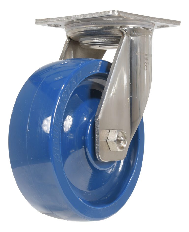 CST-F-SS-6X2SP-S_A.jpg The Vestil 6X2 Solid Polyurethane (Spu) Swivel caster wheel features a glossy finish, metal bracket, and circular top plate for secure mounting. Its sturdy construction is ideal for heavy-duty applications.