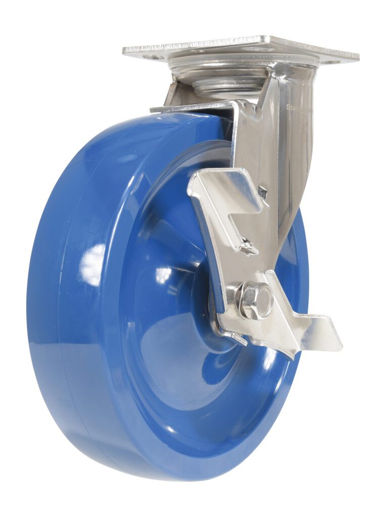 A blue caster wheel with a metallic swivel mount and bracket, designed for furniture or equipment mobility. The shiny, durable components resemble the Vestil 8X2 Solid Polyurethane (Spu) Swivel W/Brake. The wheel is angled slightly.