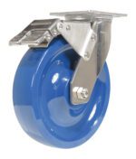 The Vestil 8X2 Solid Polyurethane (Spu) Swivel with Total Brake features a shiny metal bracket and a left-side brake lever labeled ON and OFF. The smooth blue surface is designed for heavy-duty reliability in demanding environments.