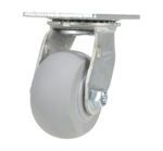 A gray rubber caster wheel with a metal mounting plate and bracket, similar to the Vestil 4X2 Polyolefin Swivel. Featuring intricate manufacturing details, this centrally-bolted wheel is perfect for improving furniture or equipment mobility.
