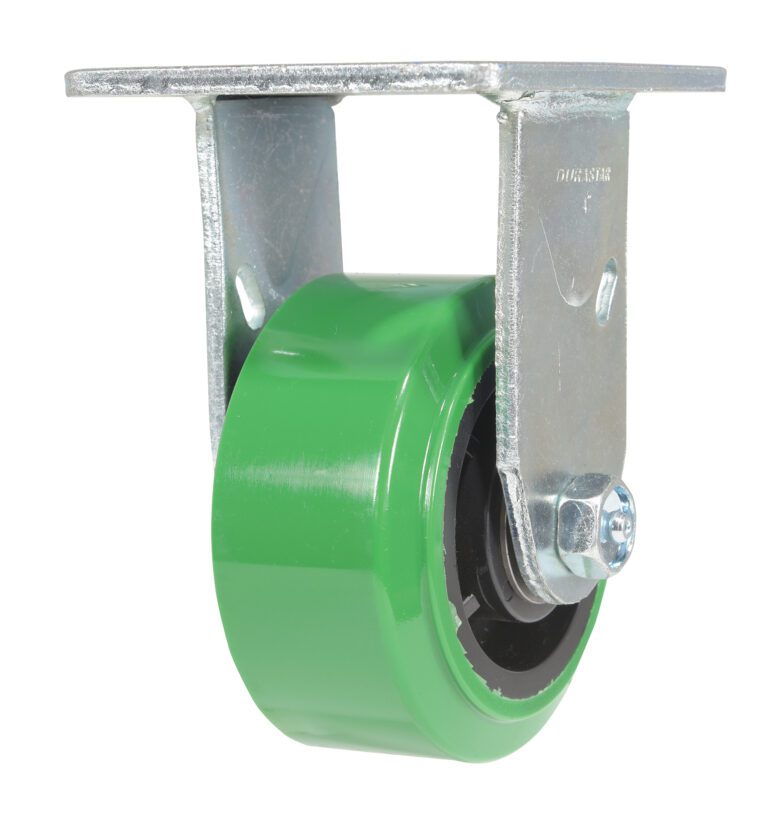 The Vestil 4X2 Polyolefin Rigid boasts a green, round, smooth caster wheel with a gray metal bracket. Ideal for equipment or furniture, it includes a flat plate for secure bolt-on attachment.