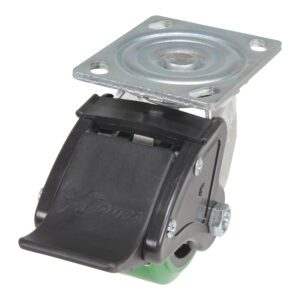 The Vestil 4X2 Polyolefin Swivel W/ Total Brake has a green wheel, black brake with DURA and a star logo, on a silver-toned mounting plate for secure positioning.
