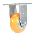 The glossy orange swivel caster wheel, suitable for the Vestil 4X2 Aluminum Rigid series, has a metallic frame, sturdy metal bracket, and bolt and nut visible in its design.