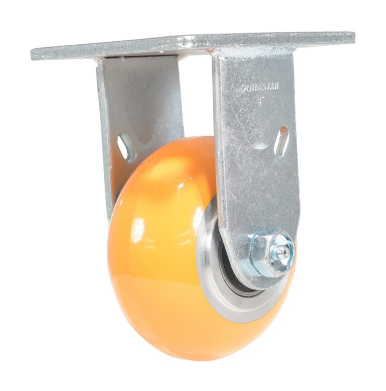 The glossy orange swivel caster wheel, suitable for the Vestil 4X2 Aluminum Rigid series, has a metallic frame, sturdy metal bracket, and bolt and nut visible in its design.