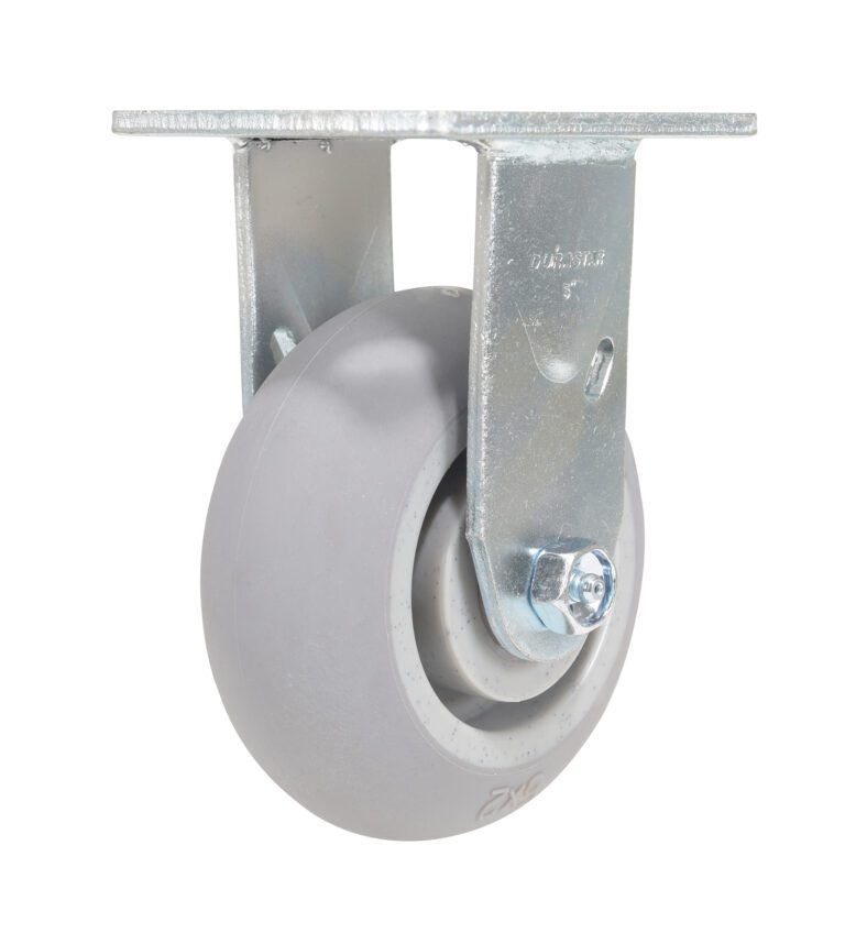 CST-F34-5X2DK-R_A.jpg The Vestil 5X2 Polyolefin Rigid features a gray, smooth-rounded caster wheel design for easy rolling. Its shiny metal bracket with visible screws and a flat top allows for simple attachment to surfaces.