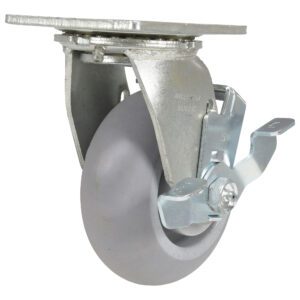 The Vestil 5X2 Polyolefin Swivel W/ Brake is a gray caster wheel with a metal mounting plate, integrated brake, round rubber tire, and shiny metal bracket for easy movement and control.