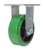 The green wheel caster with a sleek Vestil 5X2 Polyolefin Rigid design features a metal bracket for mounting and is attached by a central bolt for smooth swiveling. The shiny metallic finish enhances the appeal of its metal parts.