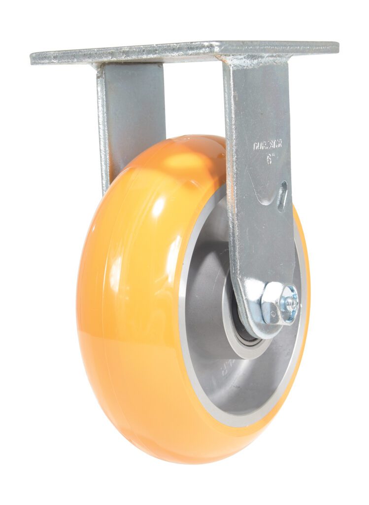 A single orange industrial caster wheel with a gray hub is mounted on a robust metal bracket, showcasing a square plate for attachment. Resembling the sturdy Vestil 6X2 Aluminum Rigid design, it stands out against a plain white background.