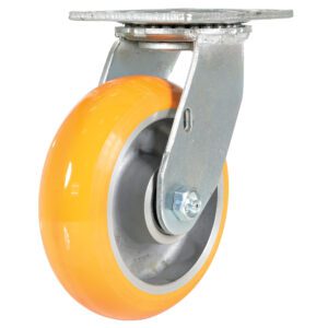 The image showcases the Vestil 6X2 Aluminum Swivel, featuring an orange rubber wheel and a gray metal bracket. This robust caster is securely mounted on a sturdy plate, providing smooth mobility and easy maneuverability for your equipment.