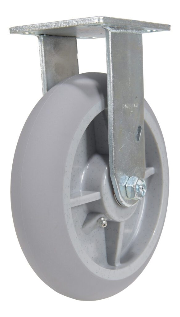 CST-F34-8X2DK-R_A.jpg A single Vestil 8X2 Polyolefin Rigid gray caster wheel features a metal bracket and axle bolt. Its smooth surface facilitates equipment movement, while the shiny metallic bracket ensures suitability for heavy-duty use.