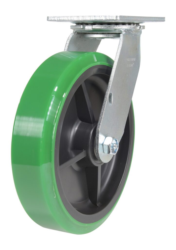The Vestil 8X2 Polyolefin Swivel boasts a green wheel with a black center, mounted on a metal bracket. Its swivel plate ensures smooth rotation, and the bolt attachment allows easy mobility on various surfaces.
