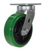 The Vestil 6 X 2 Poly/Polyolefin Hub Swivel wheel has a green hub with a metal swivel bracket and mounting plate. Its black inner part is secured with a visible nut and bolt, providing smooth maneuverability.