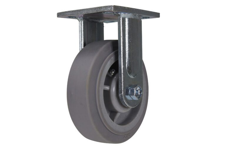 CST-FC47-6X2DK-R_A.jpg The Vestil 6 X 2 Duratek Tpr, Rigid caster wheel is displayed from a side angle. It has a single grey design with a metal frame and flat mounting plate, featuring a smooth surface ideal for heavy-duty applications.