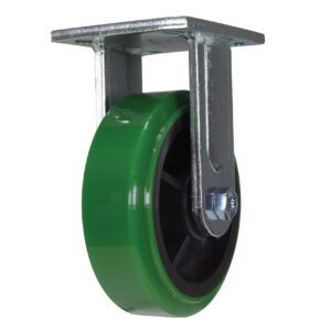 The Vestil 6 X 2 Duratough Ptu, Rigid is a green industrial wheel with a black interior mounted on a metal bracket with a rectangular plate, perfect for heavy-duty uses.