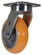 The Vestil 6 X 2 Sirius Pu Swivel features an orange rubber tire on a shiny metal bracket with a square mounting plate, highlighting the wheels axle and support structure.