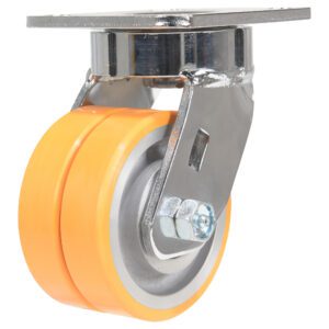 The Vestil 4X2 Polyurethane Sirius Dual Swivel Caster boasts a polished look with orange double-wheel polyurethane on a silver bracket, equipped with a top plate for secure attachment.