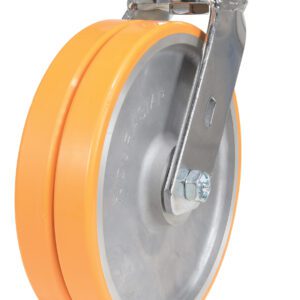 The Vestil 6X2 Polyurethane Sirius Dual Swivel Caster boasts a durable design with an orange rubber tread, silver metal core, and sturdy bracket. Its swivel plate allows easy rotation and movement, ideal for heavy-duty tasks.