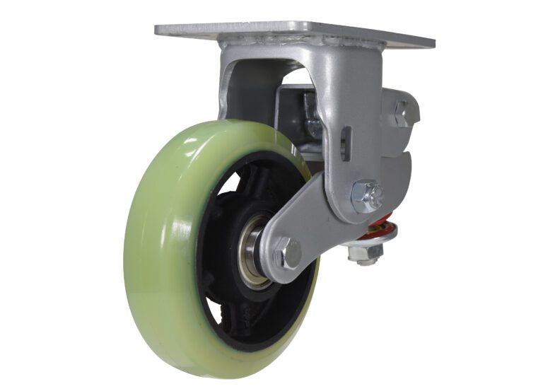 CST-G80-6X2PU-R_A.jpg The Vestil 6X1.75 Polyurethane Rigid caster wheel, designed with a metal mounting plate and green rubber tire, features a swiveling metal bracket for easy rotation, securely attaching to furniture or equipment with visible bolts.