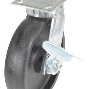 Close-up of a Vestil 8X2 Glass Filled Nylon Heavy Duty,Swb swivel caster wheel with a metal mounting plate and brake. This robust wheel is built for heavy-duty use with a metallic frame for easy attachment and smooth movement.