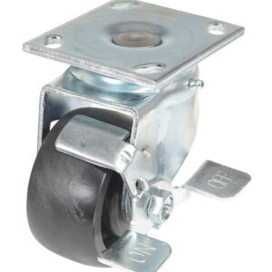 The Vestil 4X2 Glass Filled Nylon Light Duty, Swb caster is highlighted with a black rubber wheel, featuring a top mounting plate and side brake lever for 360-degree mobility in light-duty applications.