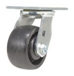 The Vestil 4X2 Glass Filled Nylon (Rollx) Swivel, featuring a black rubber wheel and silver metal mounting plate, delivers excellent mobility for furniture or equipment with its smooth swiveling axle, combining durability and seamless movement.