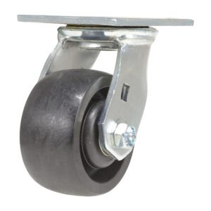 The Vestil 4X2 Glass Filled Nylon (Rollx) Swivel, featuring a black rubber wheel and silver metal mounting plate, delivers excellent mobility for furniture or equipment with its smooth swiveling axle, combining durability and seamless movement.