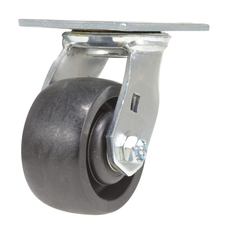 The Vestil 4X2 Glass Filled Nylon (Rollx) Swivel, featuring a black rubber wheel and silver metal mounting plate, delivers excellent mobility for furniture or equipment with its smooth swiveling axle, combining durability and seamless movement.