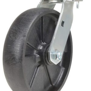 Close-up of the industrial style of the Vestil 8X2 Glass Filled Nylon (Rollx) Swivel with 4-position lock, featuring a black caster wheel and metal bracket, attached to a rectangular mounting plate with a bolt—ideal for moving carts or machinery.