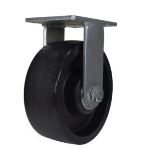 The Vestil 8X3 Glass Filled Nylon Rigid caster wheel, featuring a single black design with a matte-finish metal bracket for attachment, boasts industrial durability and a sturdy appearance, ideal for challenging environments.