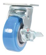The Vestil 5X2 Polyurethane Swivel Caster W/Brake has a blue wheel with a gray hub on a metal plate, featuring a dependable locking mechanism for stability, ideal for various uses.