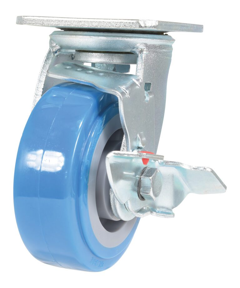 The Vestil 5X2 Polyurethane Swivel Caster W/Brake has a blue wheel with a gray hub on a metal plate, featuring a dependable locking mechanism for stability, ideal for various uses.