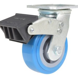 The Vestil 5X2 Polyurethane Swivel Caster W/Total Brake has a blue wheel, metal mounting plate, and a black foot-operated brake for secure locking.