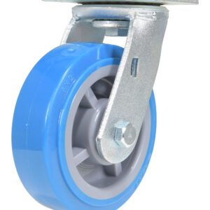 The Vestil 6X2 Polyurethane Swivel Caster has a blue wheel with a gray core for durability, mounted on a swivel plate for easy rotation. It includes a metal bracket and comes with a bolt for secure attachment.