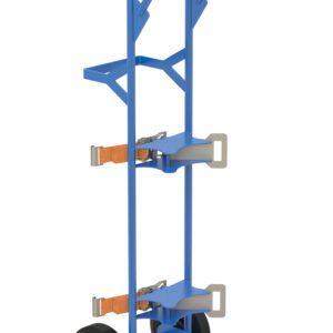 The Vestil Cylinder Tilt Back Hand Trk Overhead Lift 150 # in blue offers two wheels and a strong platform for moving heavy loads up to 150 lbs. Its sturdy frame, extending handle, and two orange straps ensure secure and efficient maneuverability.
