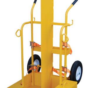 The Vestil Fire Proof Welding Torch Cart 500 Lb is a yellow industrial hand truck with a tall vertical backrest. It includes two black handles, large rubber wheels, secure cargo straps, and a wide base for stability, designed for heavy-duty transport up to 500 lbs.