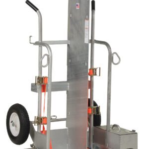 The Vestil Galvanized Welding Torch Cart features two large wheels, black-gripped handles, an adjustable panel, and orange straps for securing heavy items up to 500 lb. Its flat base ensures stability while lifting.