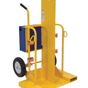 The Vestil Welding Torch Cart Fork 500 Lb, in yellow, features a vertical back and horizontal base that supports up to 500 lb. It has two large wheels for easy maneuverability, a blue storage box, and red side fasteners, making it ideal for supporting a welding torch setup.