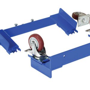 The Vestil Cylinder Caddy Optional Caster Kit features a blue metal frame with four red swivel caster wheels, an open center, and angular corner brackets for enhanced mobility and support.