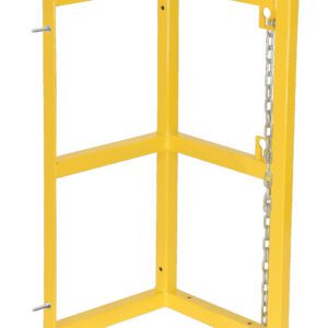 The Vestil Cylinder Barricade Ext Rack Single is a yellow metal barrier with a right-angle design, secured by a metal chain. It has two horizontal bars per side and bolts for stability, making it an ideal single-unit safety solution.