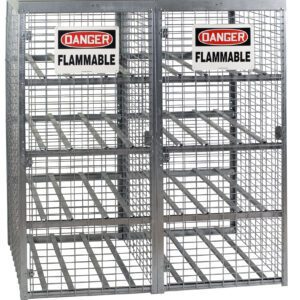The Vestil Horizontal Cylinder Storage-Galv 29X58 is a sturdy metal mesh cage with six shelves and two Danger Flammable signs, perfect for safely storing flammable materials.