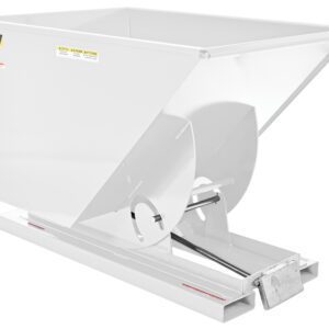 The Vestil Self-Dump Hopper Hd 1 Cu Yd 6K White is a durable, spacious metal container with a rectangular opening and sloped design, ideal for industrial applications. It sits on a strong base with a pivot for easy dumping and has caution labels on the side.