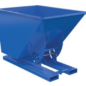 The Vestil Hopper W/O Bump & Dump Ld 1 Cu 2K Blue is a blue metal industrial hopper featuring a slanted top, strong rectangular base, and rotating mechanism for easy tilting—ideal for efficient material handling in warehouses or construction sites.