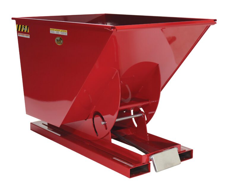 The Vestil Self-Dump Hopper LD in vibrant red features a 1 Cu Yd capacity and a 2K weight limit, made from industrial steel with a sloped front, rectangular base, and slanted opening. Its ideal for forklift use in efficient material handling.