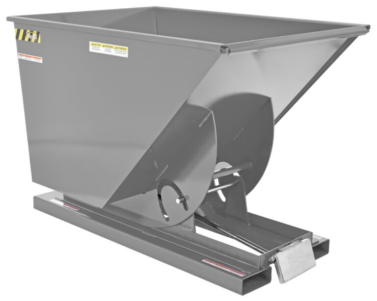 D-100-MD-GY-MG_A.jpg The Vestil Self-Dump Hopper Md 1 Cu Yd 4K Machine in gray features a robust metal frame and tilting mechanism, complete with warning labels, for efficient material transport and dumping.