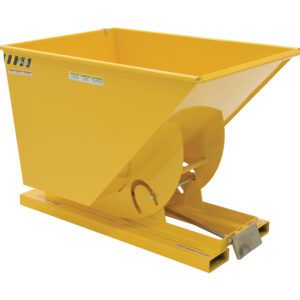The Vestil Self-Dump Hopper is a durable, yellow metal hopper designed for efficient material handling with a sloped front for easy dispensing and a stable base featuring clear warning labels.