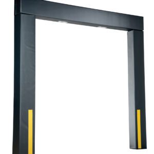 The Vestil Dock Seal 10 In Projection for an 8x8 door, in black, features two yellow vertical stripes on the side panels. This rectangular frame efficiently seals the gap between a truck and building.