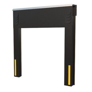 The Vestil Dock Seal/Shelter Combo, featuring black lower side panels with yellow vertical stripes, is tailored for an 8x10 door. It provides a secure and weather-resistant barrier for efficient truck loading and unloading at the dock.