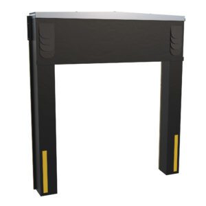 The Vestil Dock Seal/Shelter Combo 17 In 8X10 Door offers a heavy-duty black design with yellow stripes, ensuring a tight seal between the truck trailer and dock. It features a top panel and two reinforced vertical panels for enhanced durability.