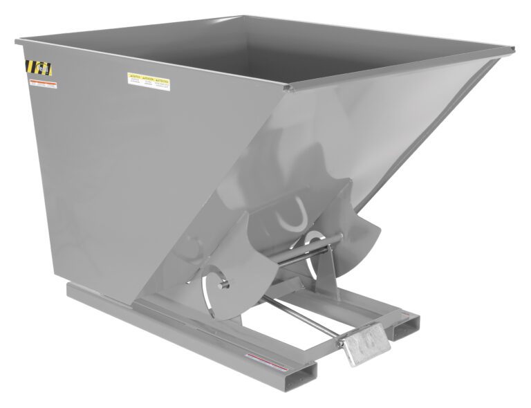 The large Vestil Self-Dump Hopper Ld 2 Cu Yd 2K Machine Gray is an industrial steel structure with a sloped front for efficient dumping, includes a safety latch, has forklift slots on its base, and features a smooth surface with safety labels for secure use.