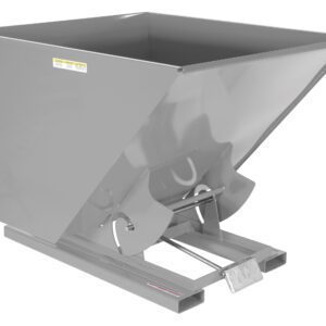 The large Vestil Self-Dump Hopper Ld 2 Cu Yd 2K Machine Gray is an industrial steel structure with a sloped front for efficient dumping, includes a safety latch, has forklift slots on its base, and features a smooth surface with safety labels for secure use.